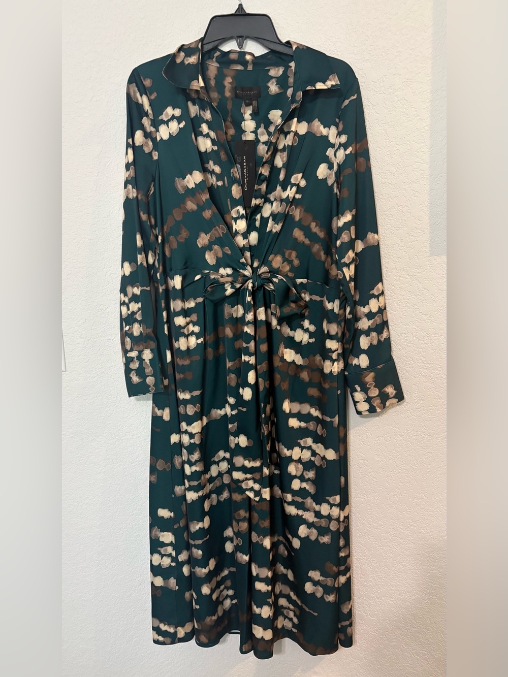 Donna Karan New York Green Printed Tie-Waist Long Sleeve Midi Dress